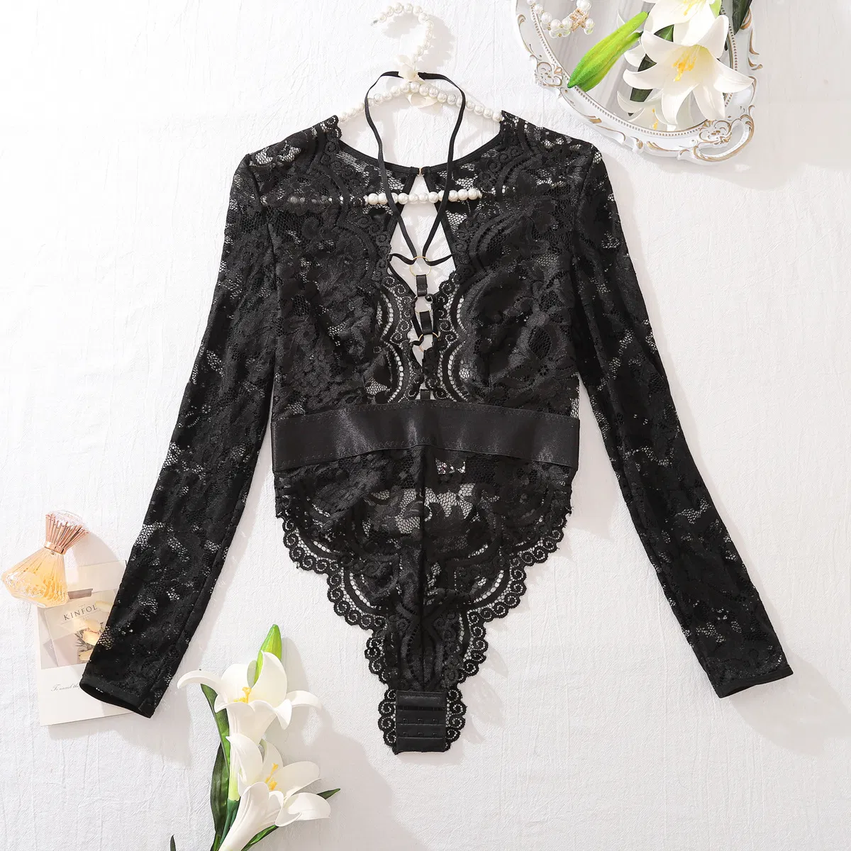 New Arrival Halter Neck Long Sleeve Lingerie Set Sexy See-Through Woman Bodysuit