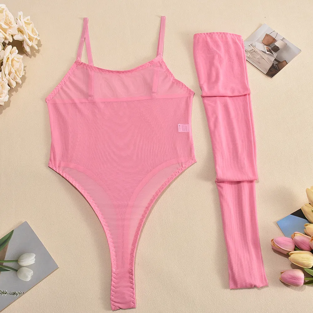 New Ultral-Thin Solid Color Lingerie Sexy See-Through Mesh Woman's One Piece Bodysuit