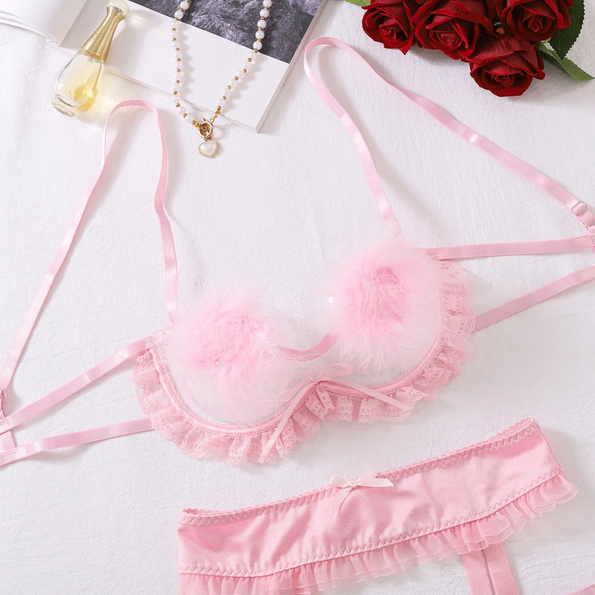 New Arrival See-Through Mesh Ruffle Bra Panty Set Wholesale Sexy Hollow out Lingerie