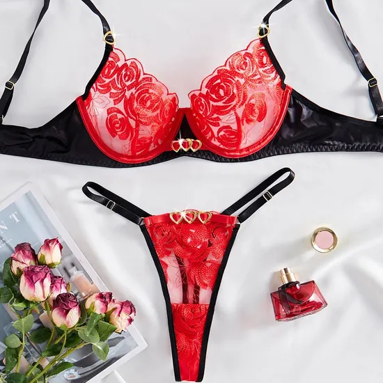 Wholesale Rose Embroidery Women Bra Panty Sets Sexy See-Through Mesh Lingerie