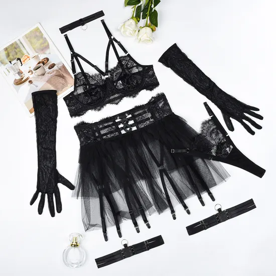 Wholesale Mesh Fluffy Short Skirt Underwear Set Hot Sale Eyelash Lace Lingerie