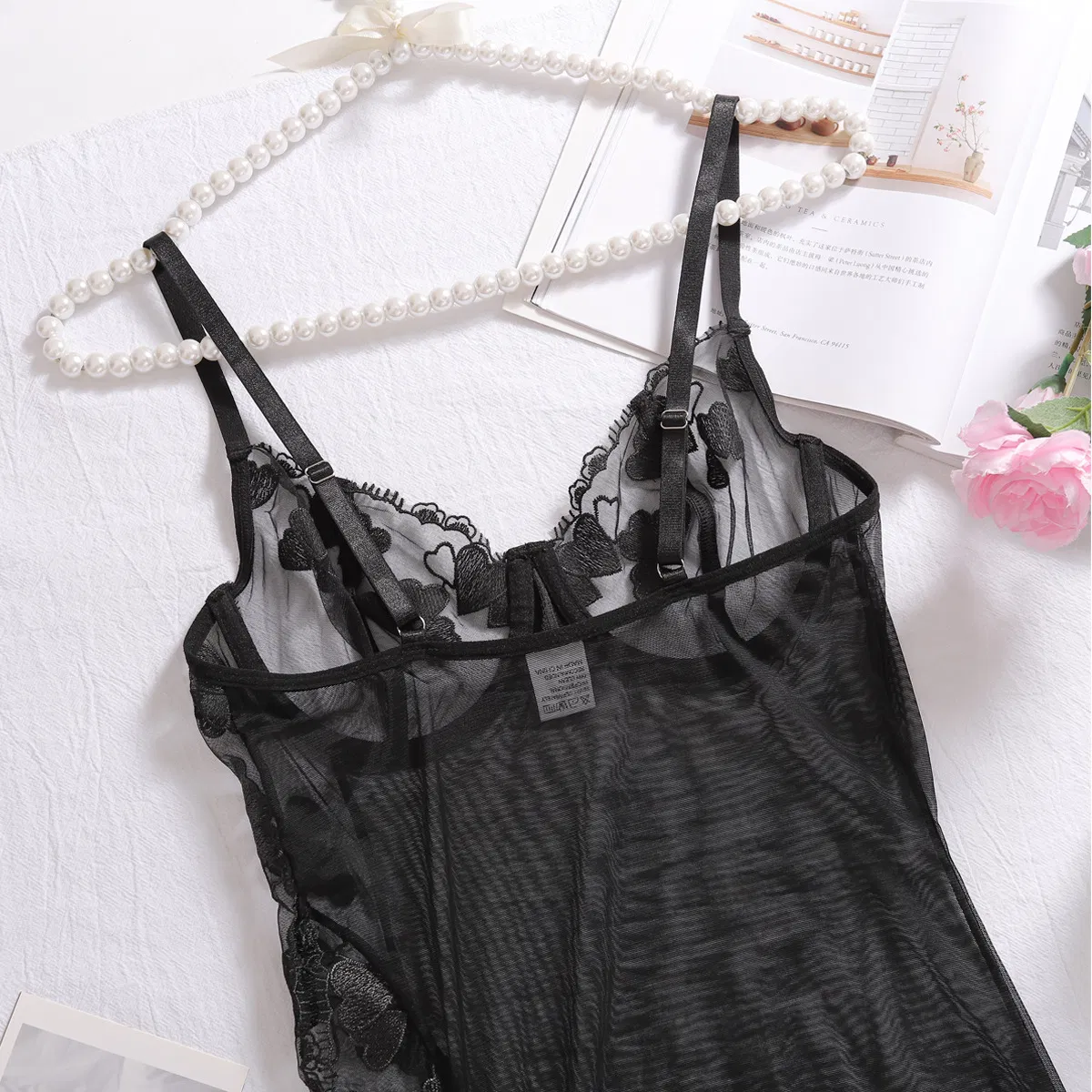Sexy Embroidery See-Through Mesh Bra Panty Sets New Erotic Long Dress Woman Lingerie