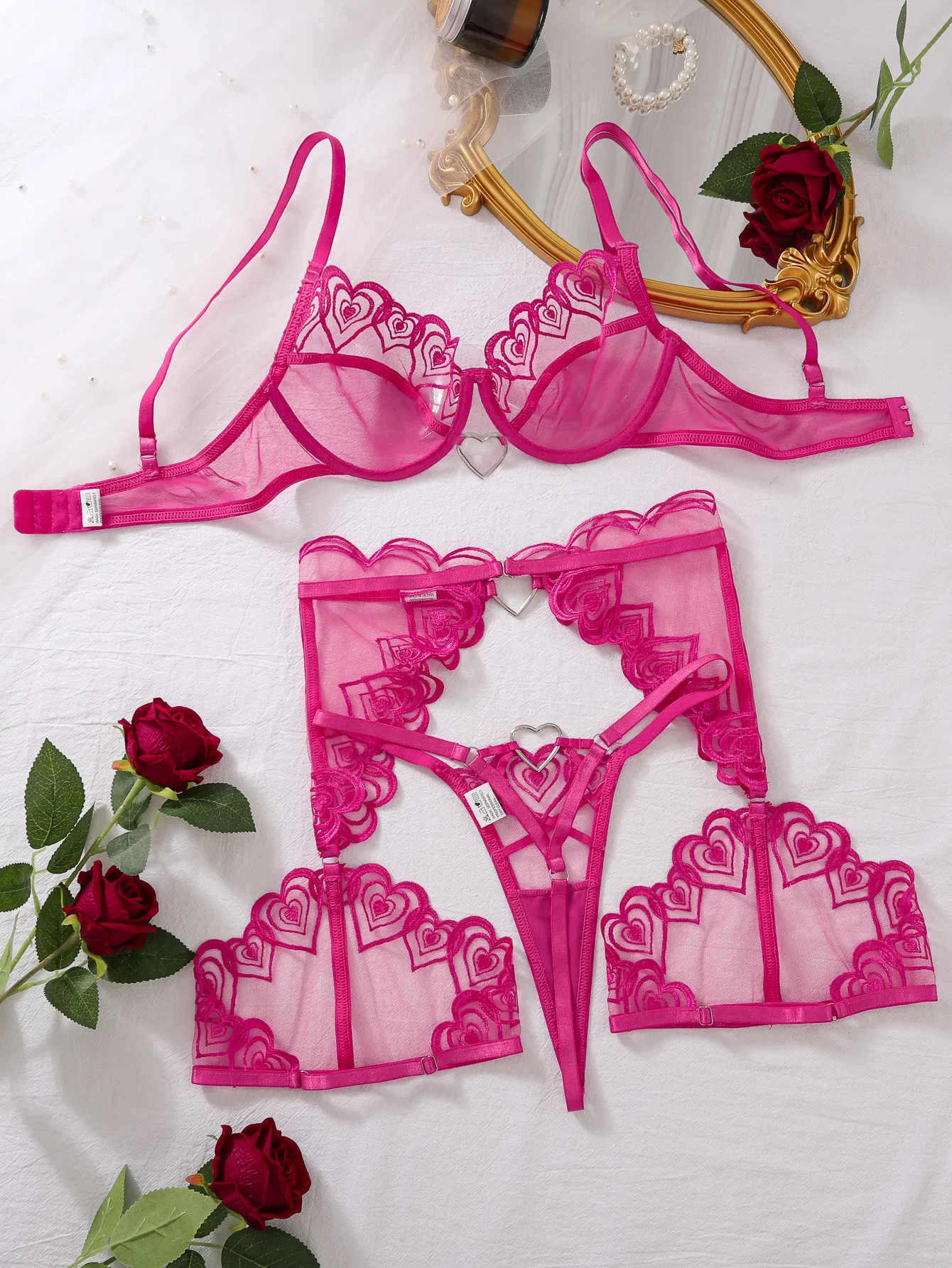 Wholesale Sheer Mesh Heart Embroidery Underwear Set Sexy Valentine's Women Lingerie