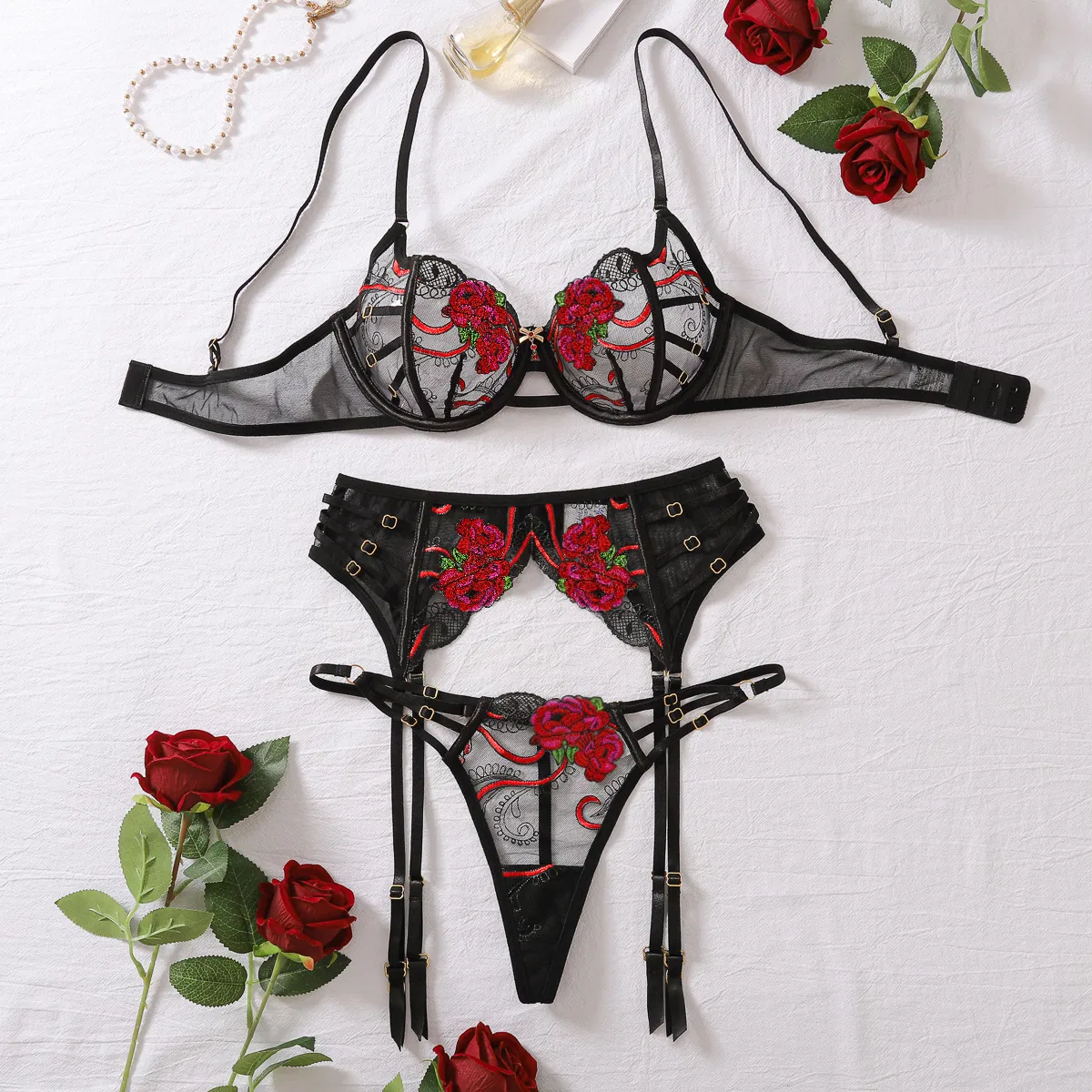 New Arrival Rose Embroidery Underwear Set Wholesale See-Through Woman Lingerie