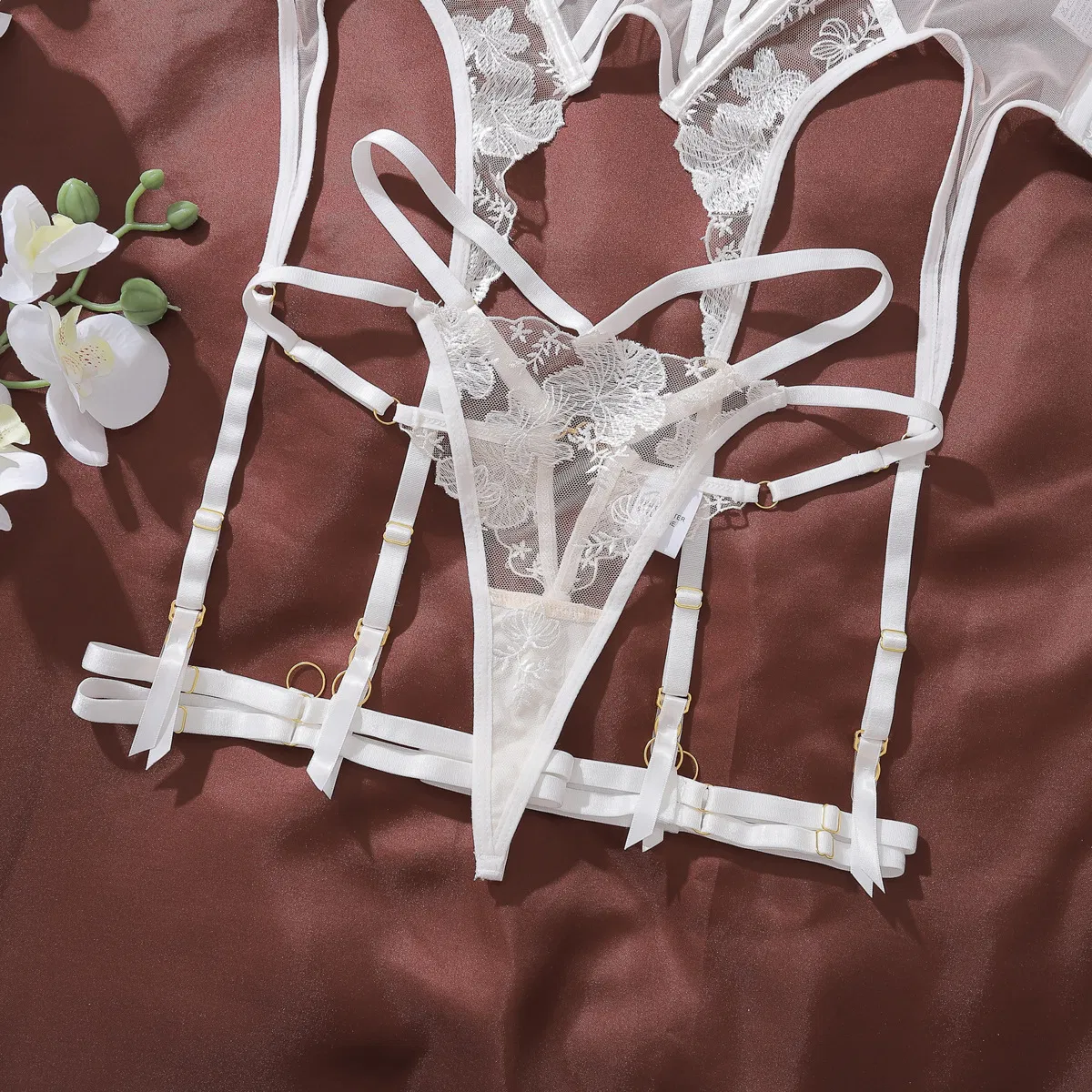 Wholesale Mesh Perspective Corset Underwear Set for Woman Sexy Luxury Embroidery Lingerie