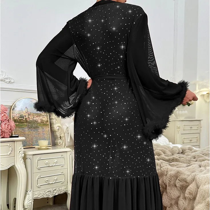 New Fashion V-Neck Long Sleeved Nightgown Sexy High Quality Solid Color Glitter Women's Robe