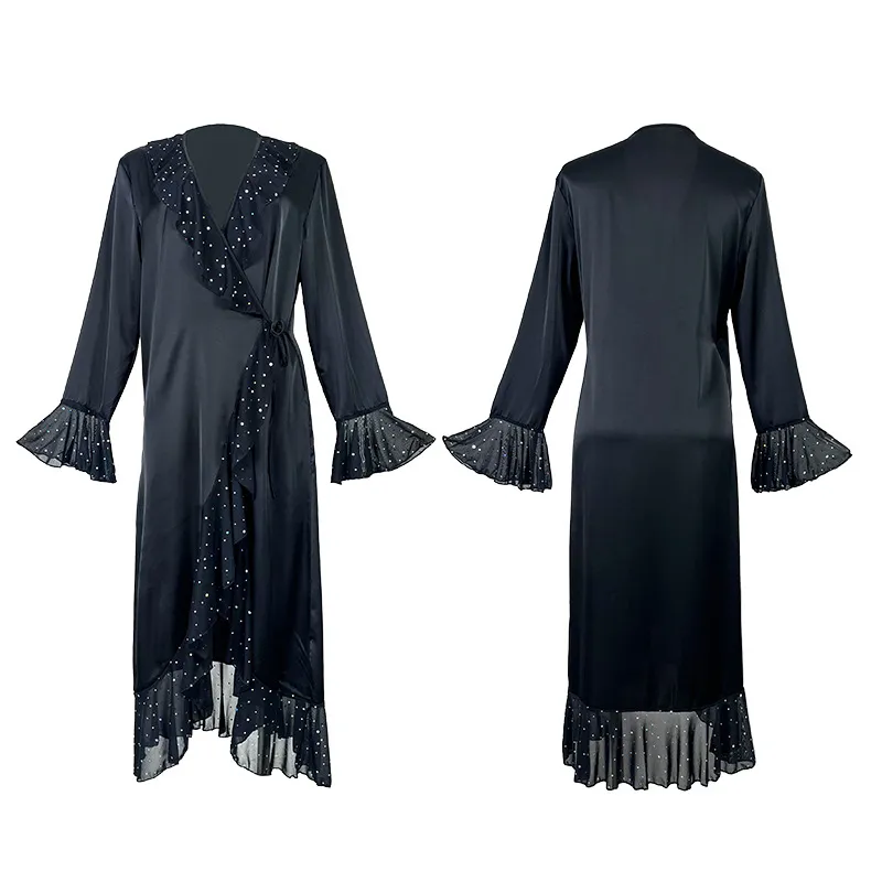 Wholesale Satin V-Neck Long-Sleeved Sleepwear Sexy Ruffled Hem Woman Robe