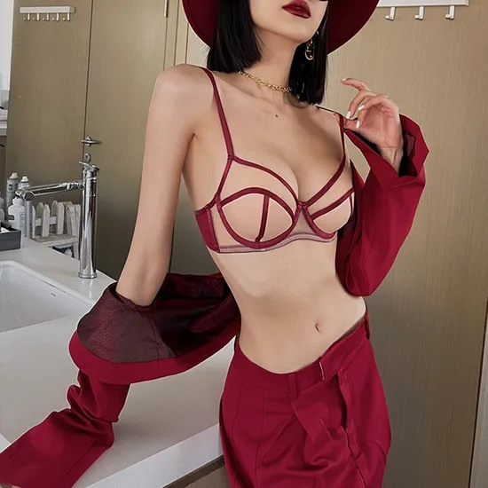 French Anti-Sagging Color-Blocking Mesh Sexy Breathable Gathering for Women Soft Bra Ultra-Thin Set Sexy Underwear Lingerie