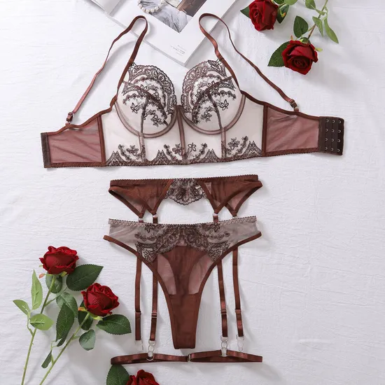 Sexy Fishbone Embroidered Lace Bra Panty Sets New Fashion See-Through Mesh Lingerie