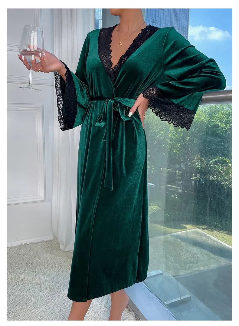 New V-Neck Long Velvet Nightwear Dress Sexy Solid Color with Lace Woman Sleepwear