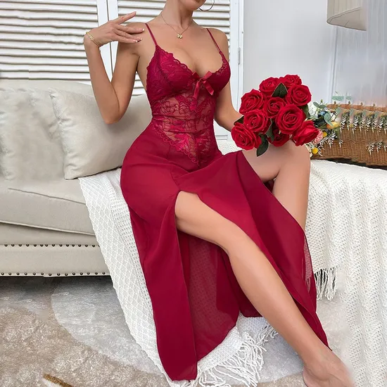 Sexy Embroidery Lace Dress Sleepwear New Arrival Transparent Mesh Ultral-Thin Nightwear