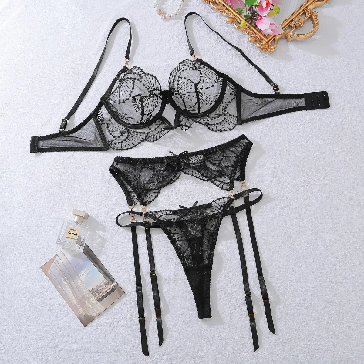 Sexy See-Through Embroidery Woman Bra Set Hot Sell Solid Color Elastic Lingerie