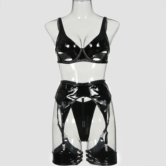 Sexy Exotic Hollow out PU Woman Bra with Belt Waist Hot Selling Solid Color Lingerie