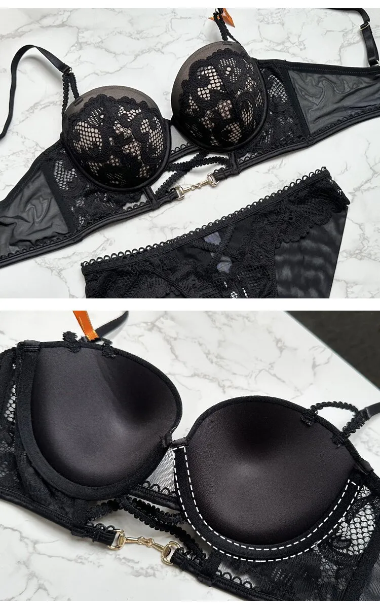 2025 New Wholesale French Anti-Sagging Breathable Lace Trim Gathering for Women Soft Bra Ultra-Thin Set Sexy Underwear Lingerie