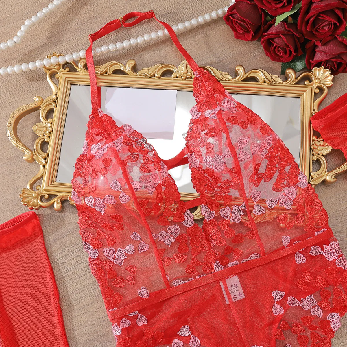 Sexy Deep-V Open Crotch Flower Embroidered Lingerie Hot Halter Neck Women Bodysuit