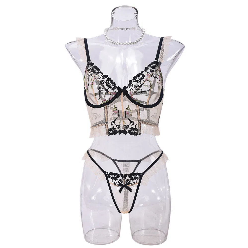 Wholesale Erotic Ruffle See-Through Mesh Underwear Set Sexy Fishbone 2 Piece Lingerie