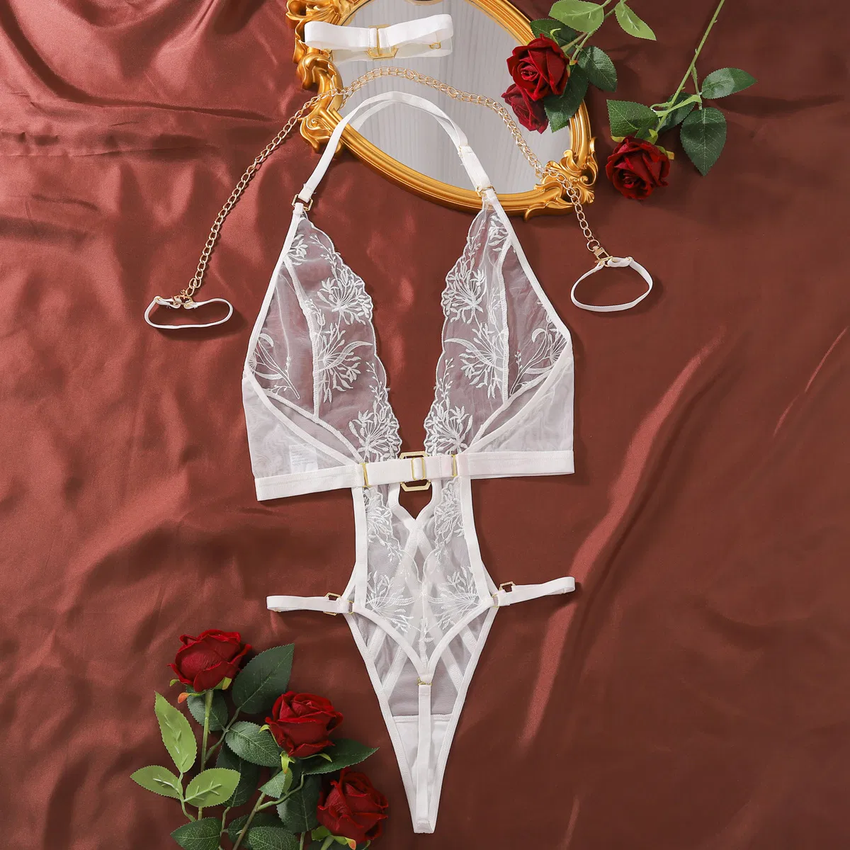 Hot Selling See Through Chain Neck Woman Lingerie Set Sexy Deep-V Chain Neck Bodysuit