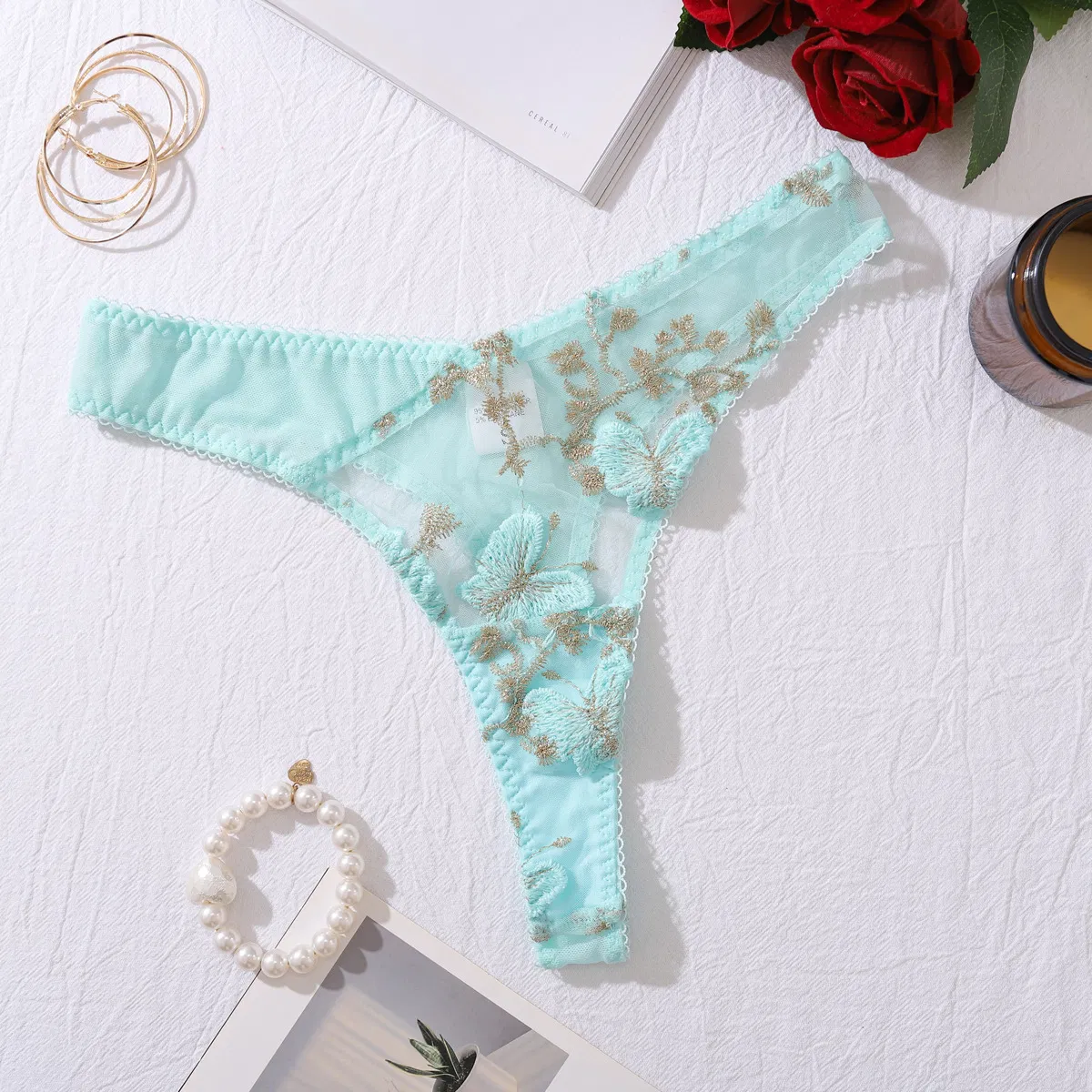 Sexy Perspective Floral Embroidery Bra Panty Sets Wholesale Bubble Sleeve Top Lingerie
