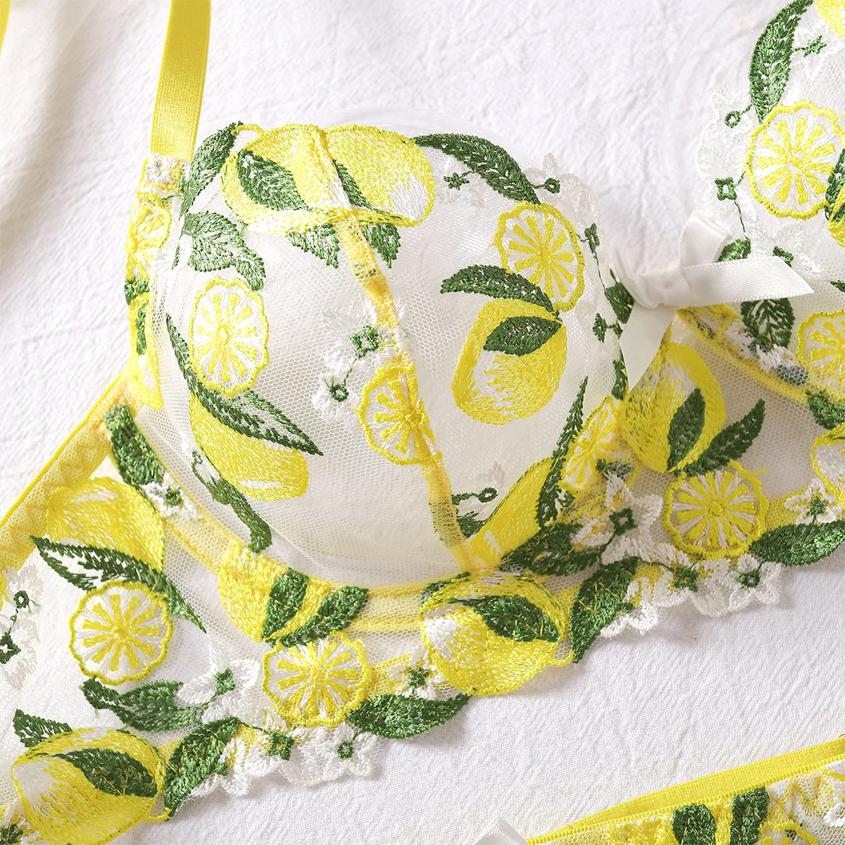 Sexy Lemon Embroidery Woman Bra Panty Set Wholesale Mesh Transparent Lingerie