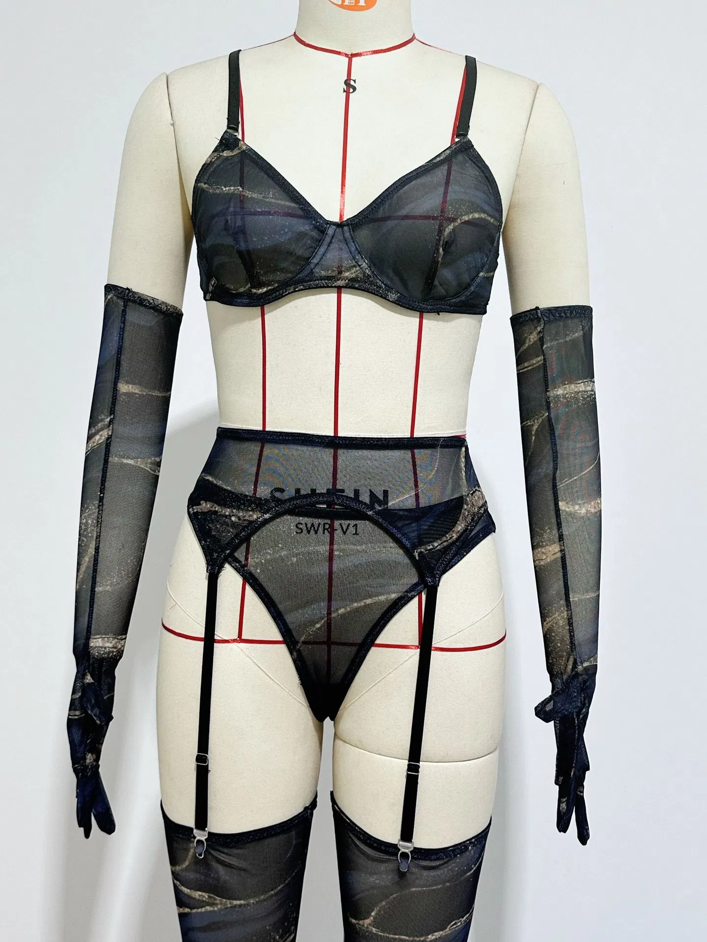 Wholesale Long Sleeve Underwear Set with Glove and Stocking Sexy Tie Dye Woman Lingerie