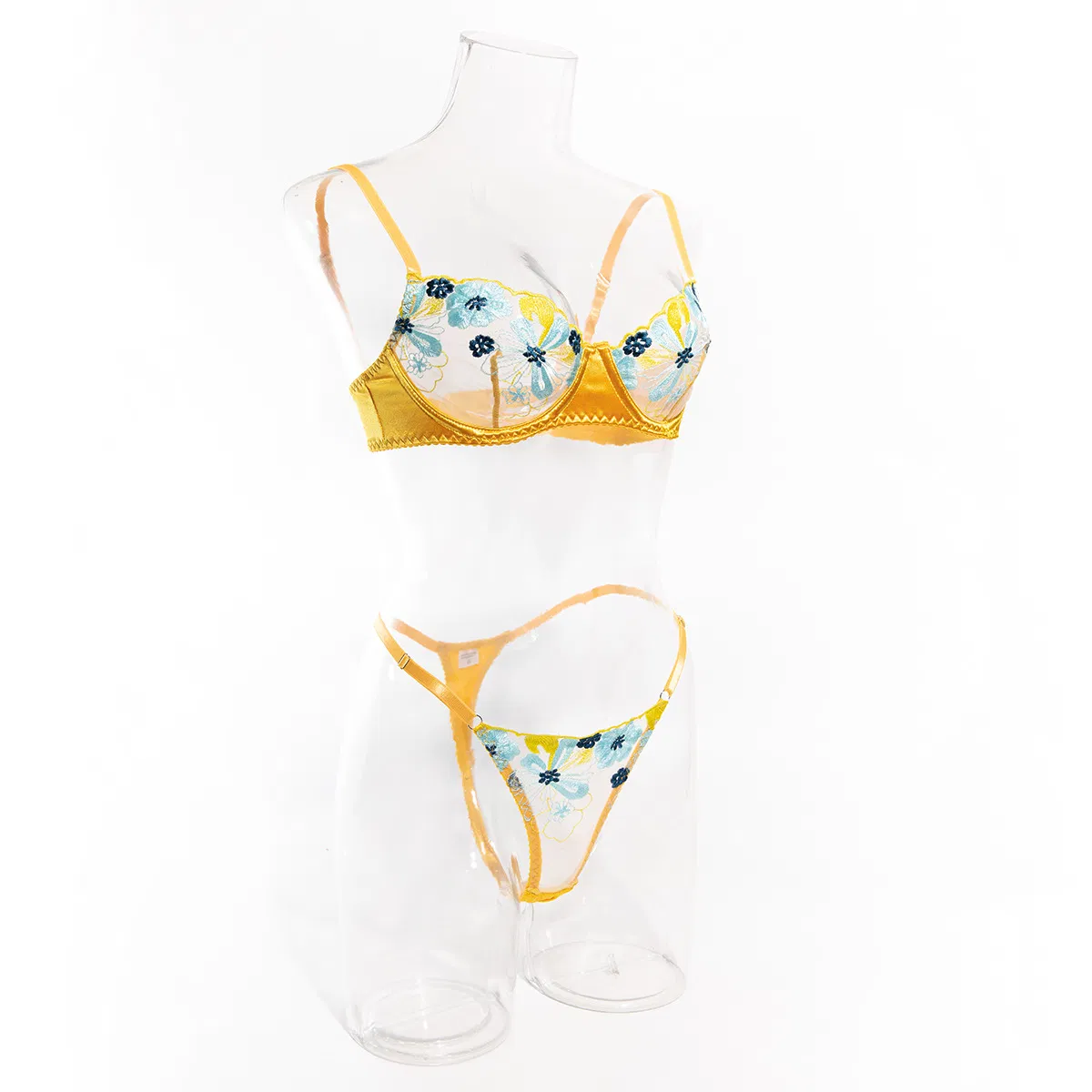 Sexy Satin Stitching See Through Underwear Set Wholesale Embroidery Color Contrast Lingerie