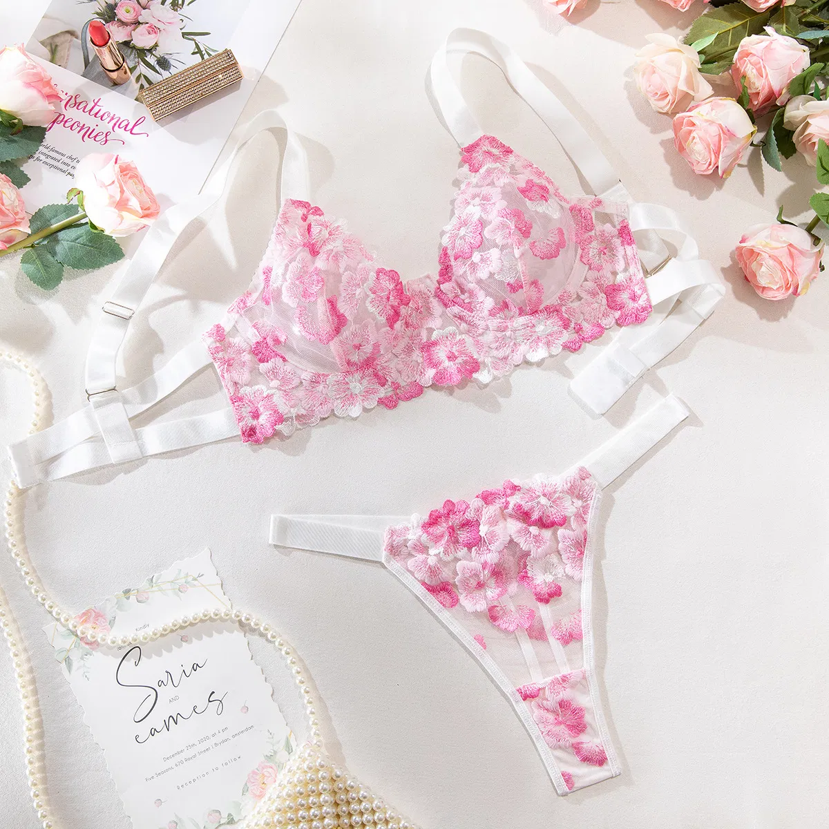 Wholesale Flower Embroidered Bra Set Sexy Perspective Thin Woman Lingerie