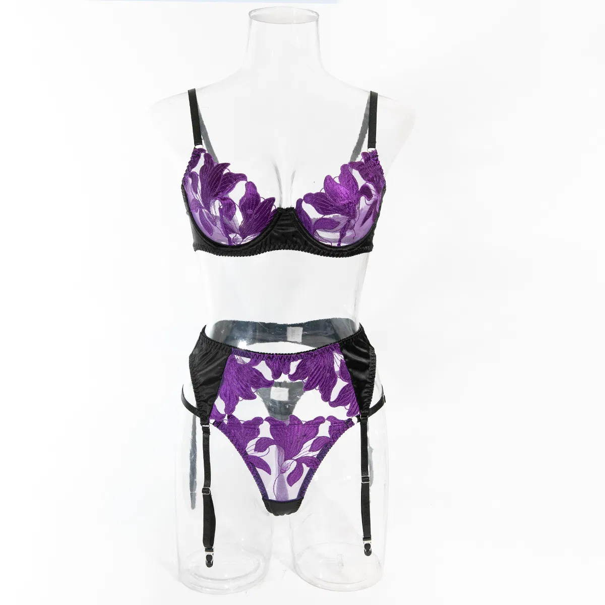 Wholesale Mesh See-Through Floral Embroidery Underwear Set Sexy Women's Three-Piece Lingerie