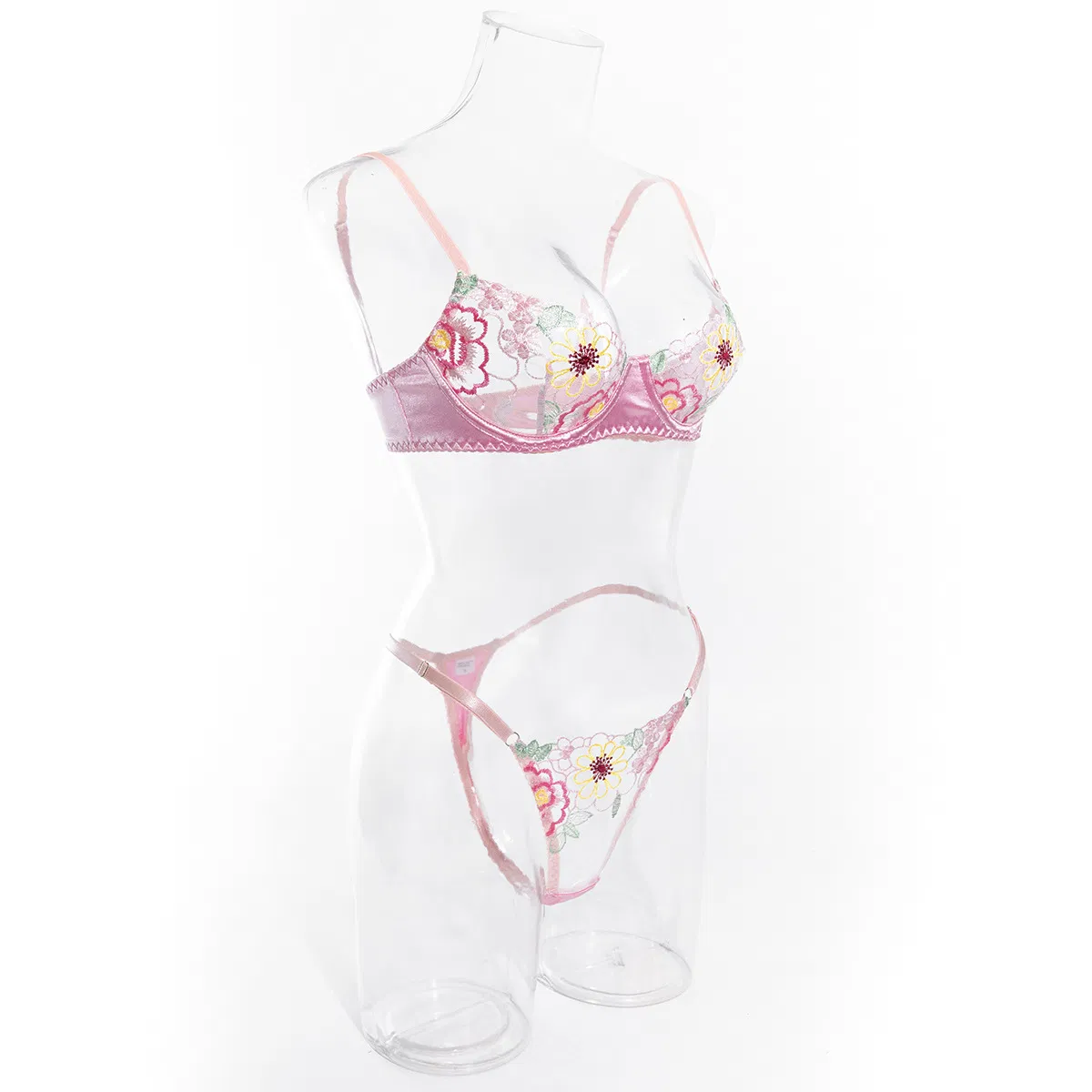 Sexy Floral Embroidery Woman Bra Set Wholesale Transparent Thin Satin Two-Piece Lingerie