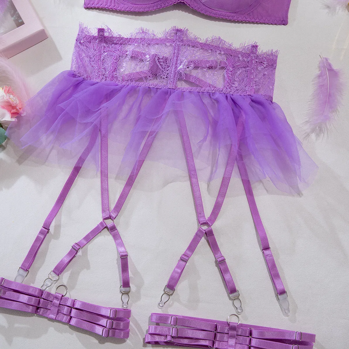 Wholesale 2025 Luxury Garter Belt Underwear Set Sexy See-Through Mesh Skirt Woman's Lingerie
