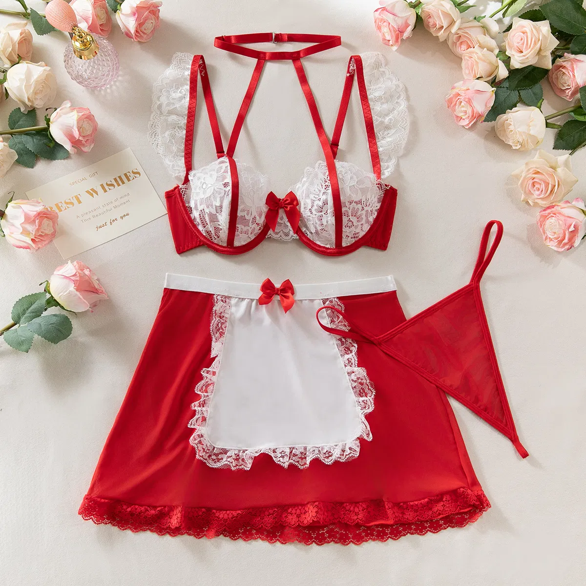 Sexy Perspective Mesh Halter Neck Underwear Set New Arrival Erotic Bow Maid Woman's Lingerie