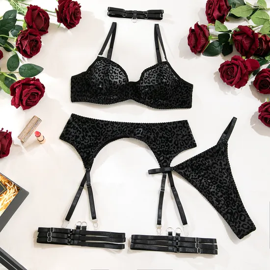 Wholesale Leopard Printed Underwear Set Sexy See-Through Mesh Women's Lingerie