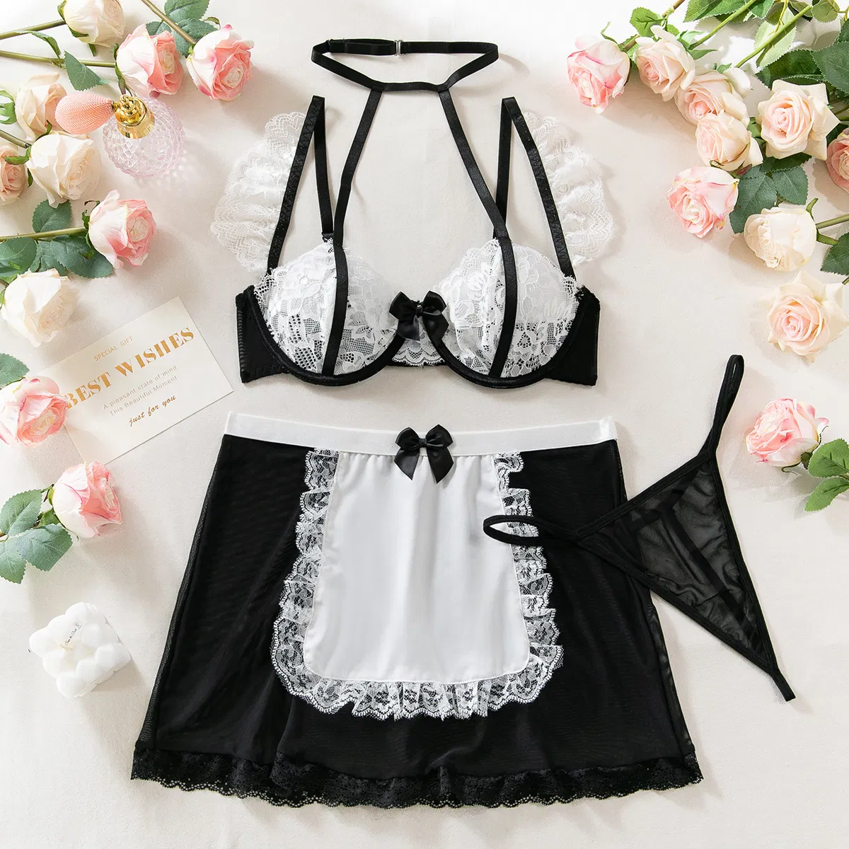Sexy Perspective Mesh Halter Neck Underwear Set New Arrival Erotic Bow Maid Woman's Lingerie