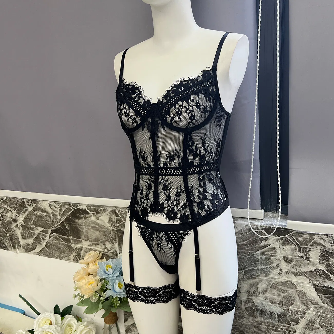 Sexy Transparent Eyelash Lace Underwear Set Wholesale Fishbone Shaping Lingerie