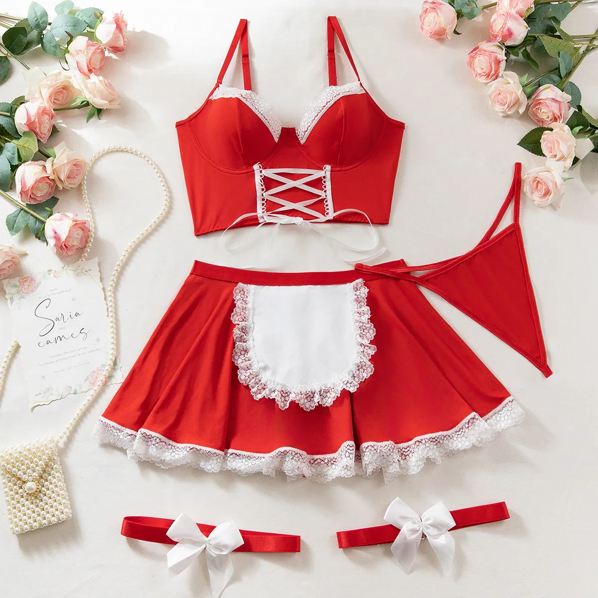 Sexy Cross Strap Dress Underwear Set Wholesale Temptation Maid Four Piece Lingerie