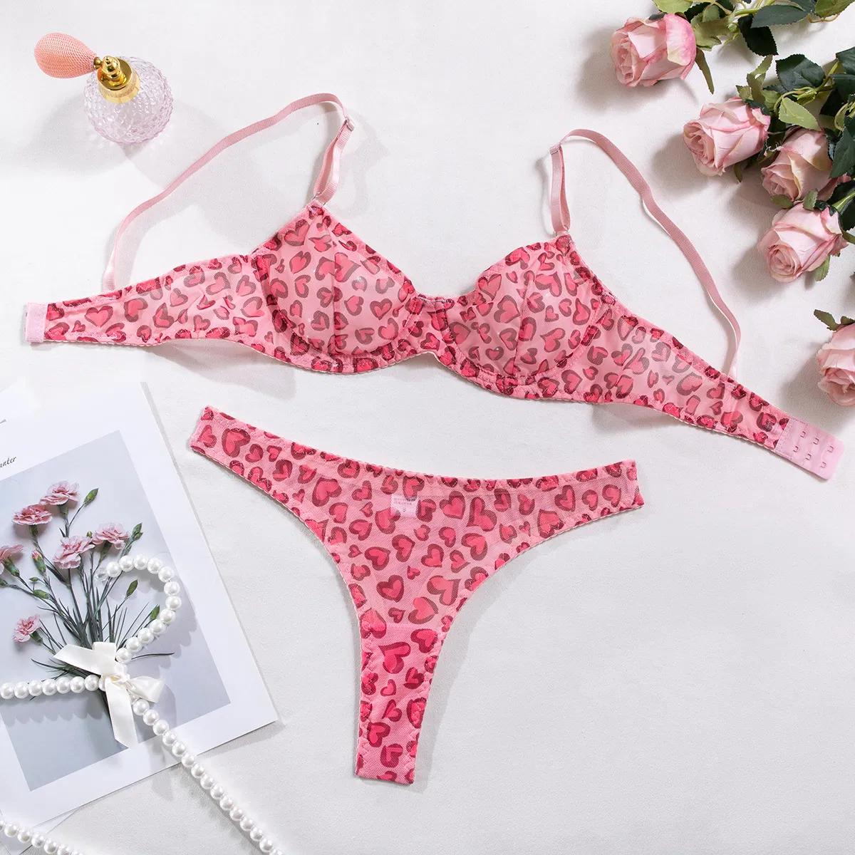 Wholesale Polka Dots Perspective Mesh Bra Set Sexy Thin Two-Piece Lingerie