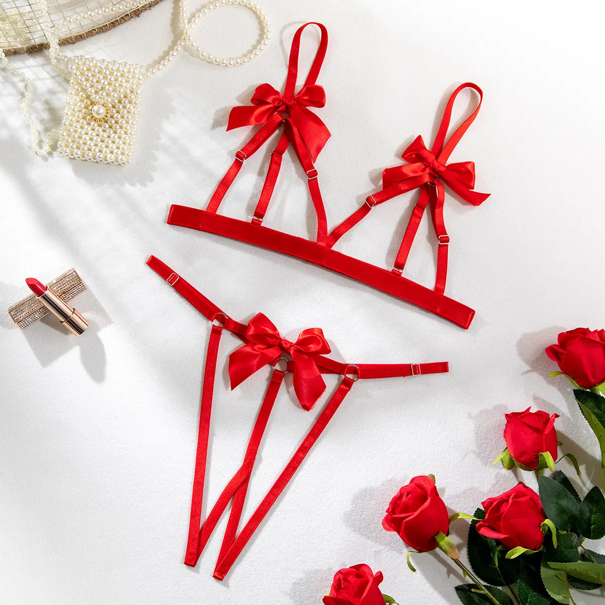 Wholesale New Woman Bra Panty Set Sexy Bow Hollow out Bondage Open Lingerie