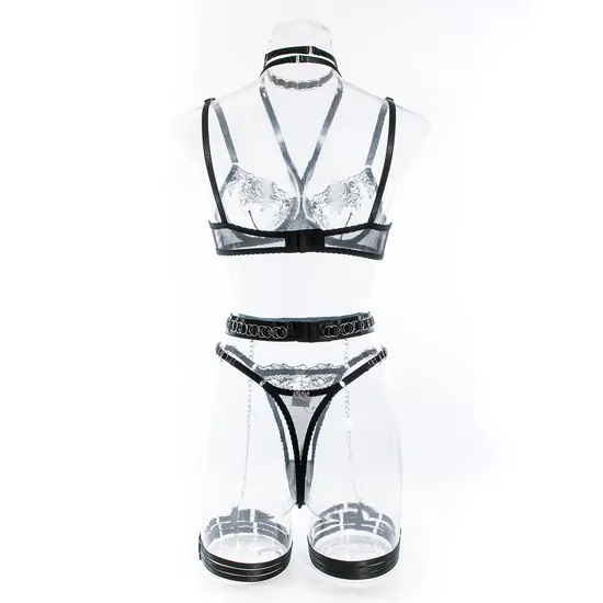 Wholesale Floral Embroidery See-Through Women Bra Set Sexy Necklace Metal Chain Lingerie