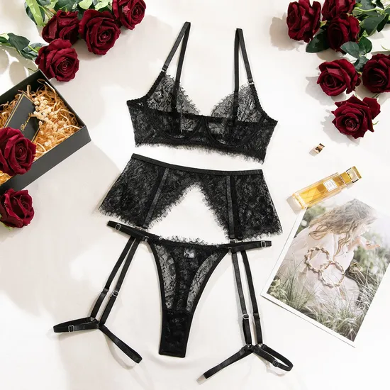 Sexy Eyelash Lace Solid Color Underwear Set Wholesale Flower Embroidery Lingerie