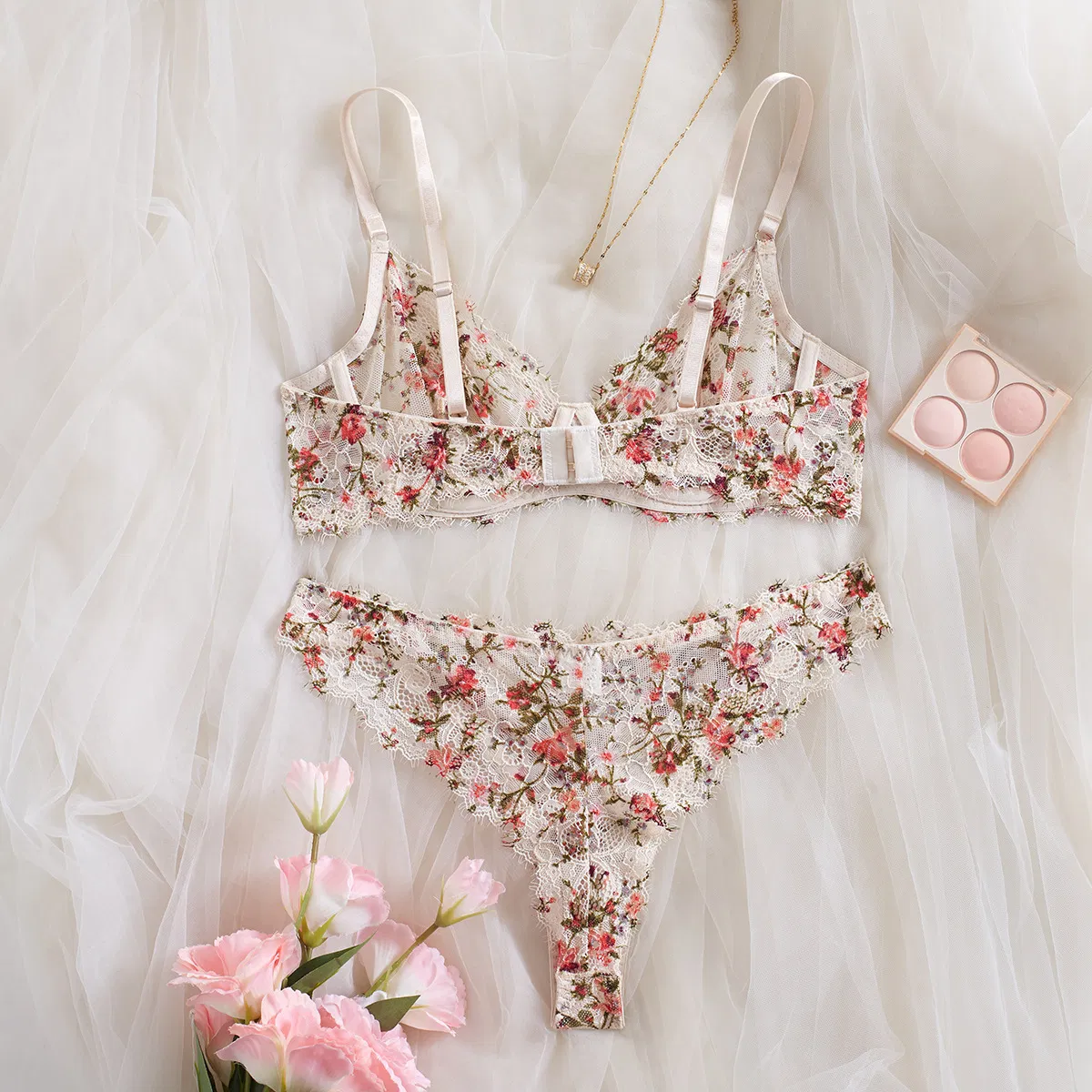 Wholesale Floral Embroidered Underwear Set Sexy See-Through Mesh 2PCS Lingerie