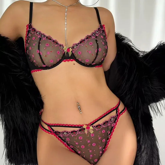 Wholesale High Quality Plus Size Underwear Set Sexy Mesh Lace Floral Sheer Lingerie