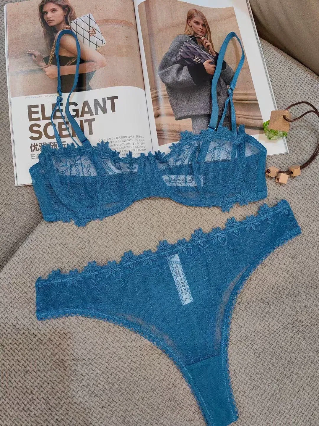Women Breathable Lace Bra Set Sexy Embroidery Comfort Half Cup See Through Underwear
