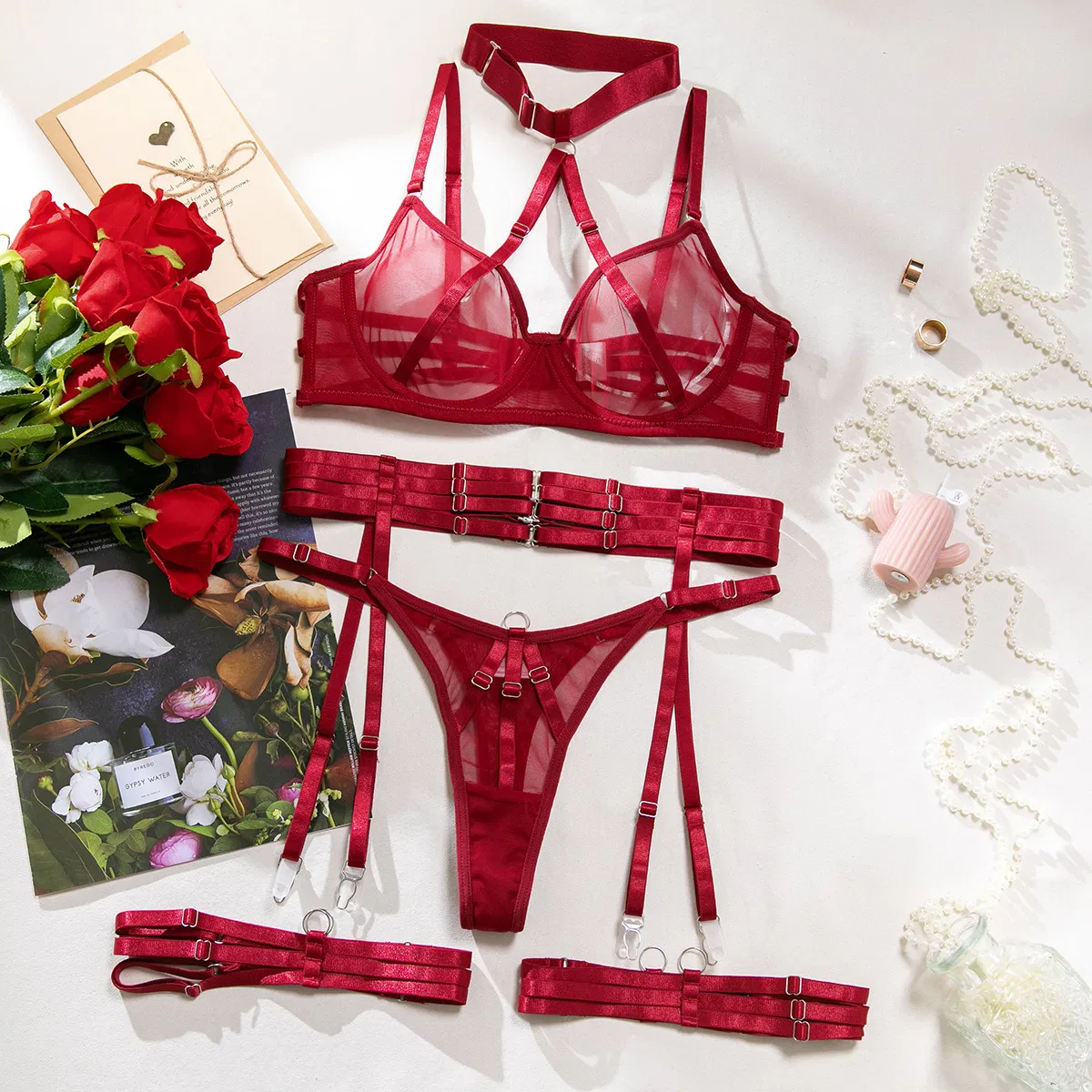 Sexy Hanging Neck Ultra-Thin Mesh See-Through Underwear Set Hot Erotic Women's Lingerie