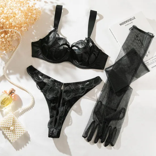 Fashionable Sexy Lingerie Hollow Satin Mesh Embroidered Bra Set Women's Erotic Lingerie