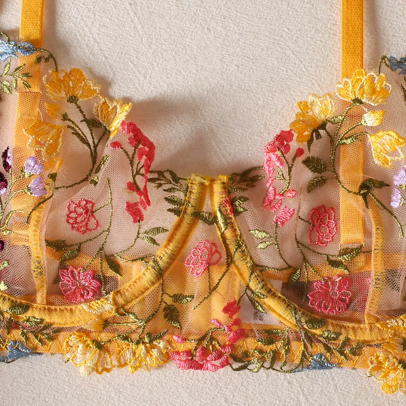 High Quality Transparent Underwear Set Sexy Floral Embroidered Lingerie