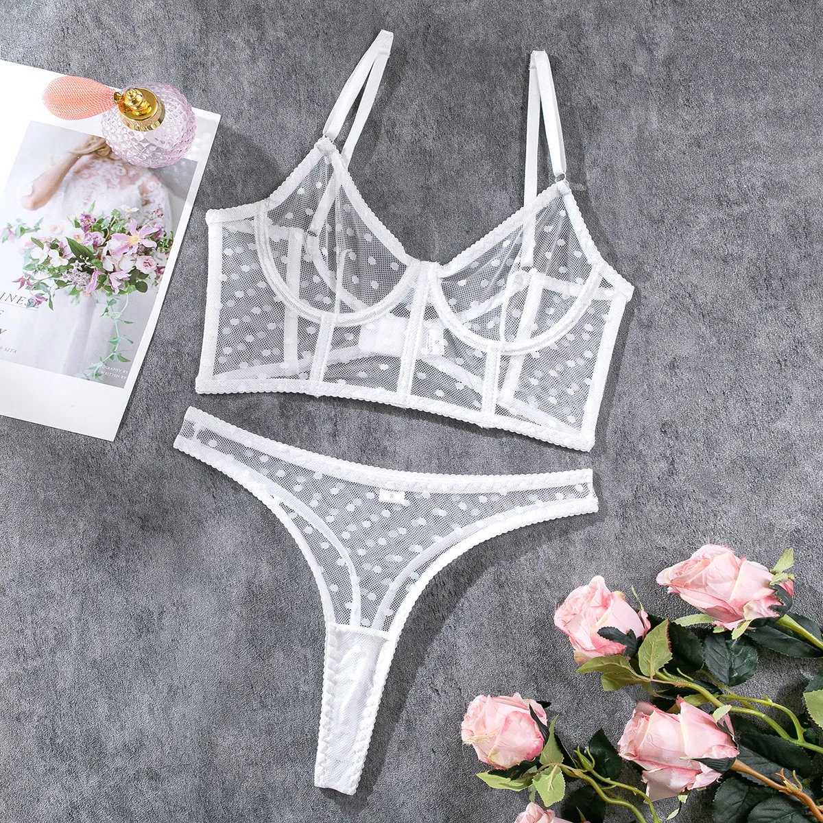Sexy Fish-Bone Women's Underwear Set Wholesale See-Through Polka Dots Mesh Lingerie
