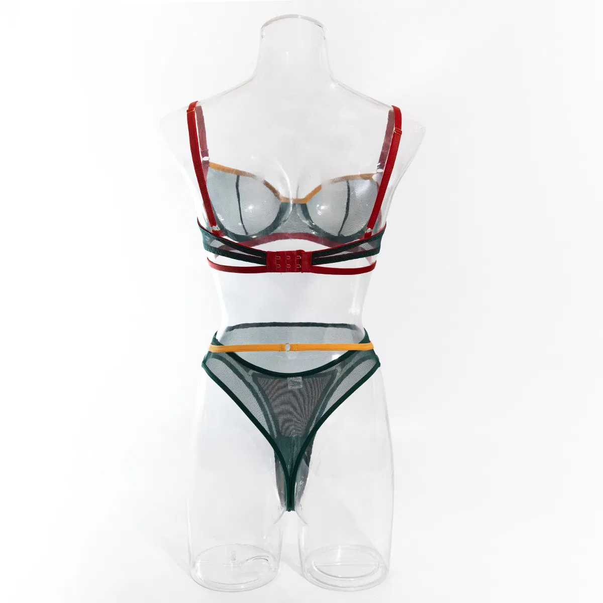Sexy Contrast Color See-Through Mesh Two Piece Underwear Set Wholesale Steel Ring Lingerie
