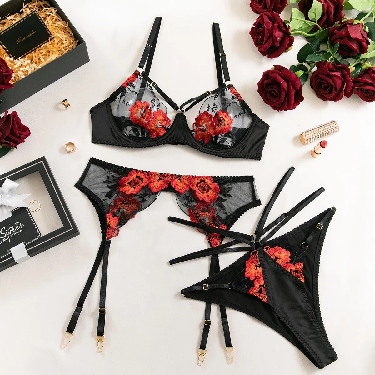 Sexy Erotic Ultra-Thin Garter Belt Women Underwear Hot Selling Flower Embroidery Lace Lingerie