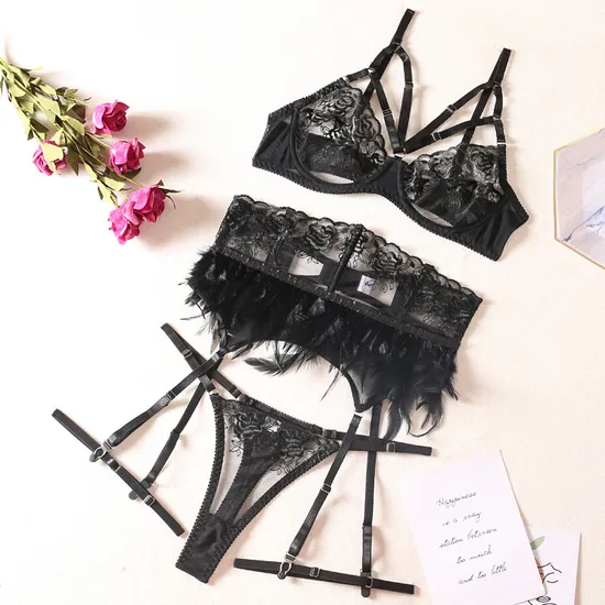 New Luxury Feather Underwear Set Sexy Erotic G-String Embroidered Lace Woman's Lingerie