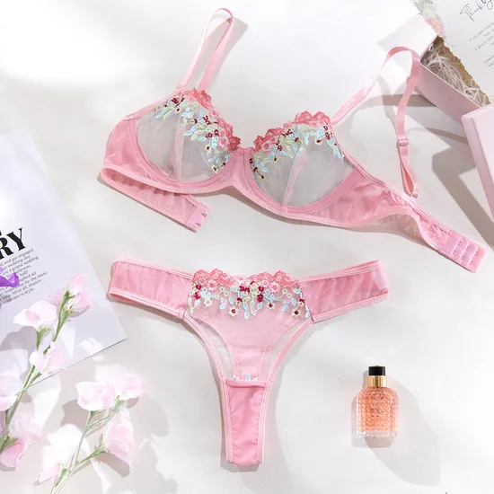 Sexy See-Through Mesh Pink Floral Embroidery Bra Set Hot Selling Women Lingerie