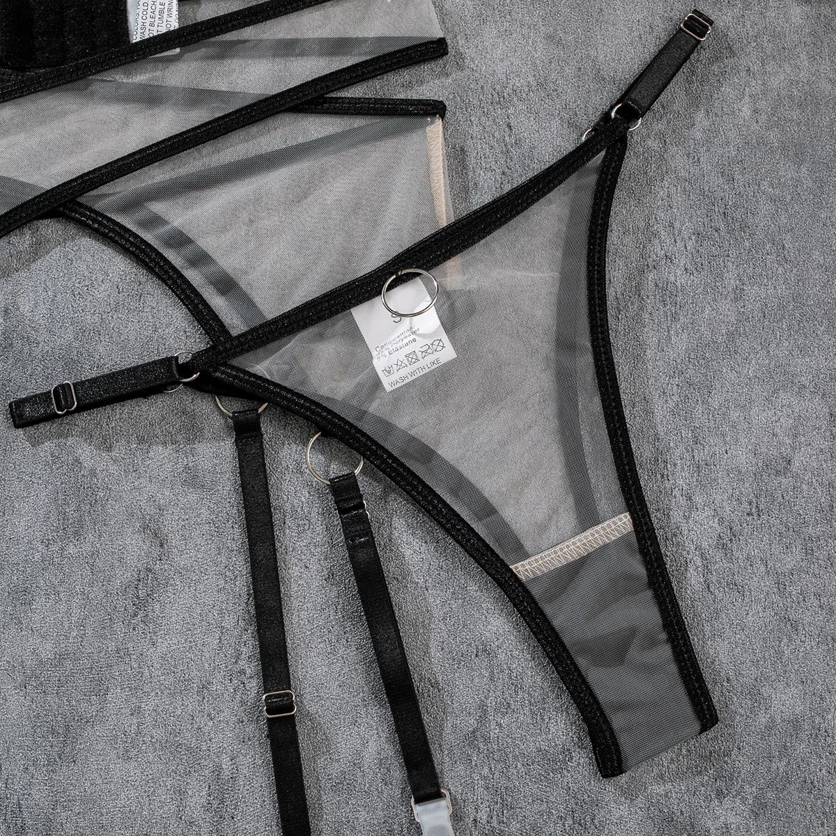 Sexy Transparent Mesh Bra Set with Steel Ring Wholesale Contrast Color 4PCS Woman Lingerie